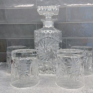 Vintage Pinwheel Decanter and Old Fashioned Glasses
